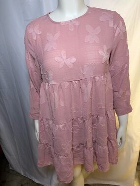 On Blue Pink Floral Embroidered Tiered Dress 3/4 sleeve Boho Womens Large Ruffle